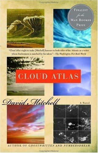 Cover of Cloud Atlas by David Mitchell, a collage design showing layered imagery across the six eras of the novel