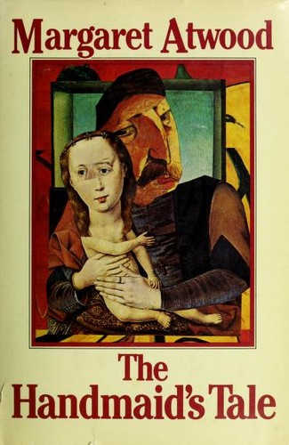 Cover of The Handmaid's Tale by Margaret Atwood, showing a woman in a red cloak and white bonnet standing in a doorway