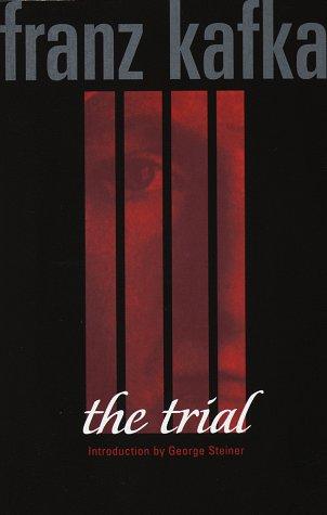 Cover of The Trial by Franz Kafka, a stark black and red design with the author's name in bold serif type