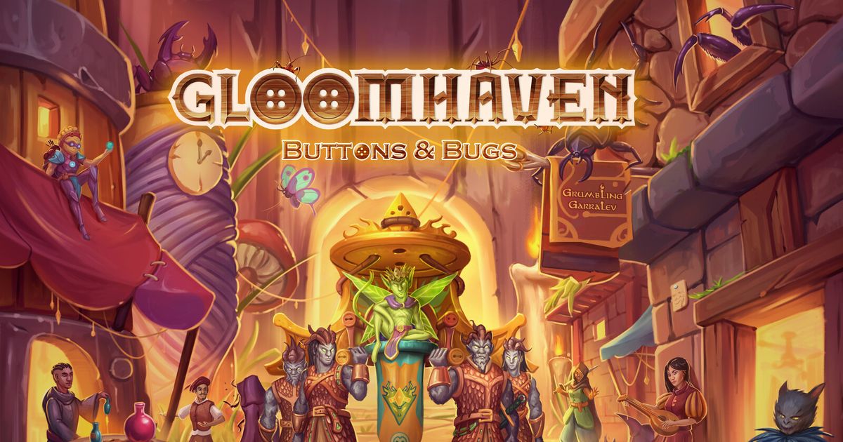 Box cover of Gloomhaven: Buttons & Bugs, a small-format solo game showing a miniature adventurer among oversized insects