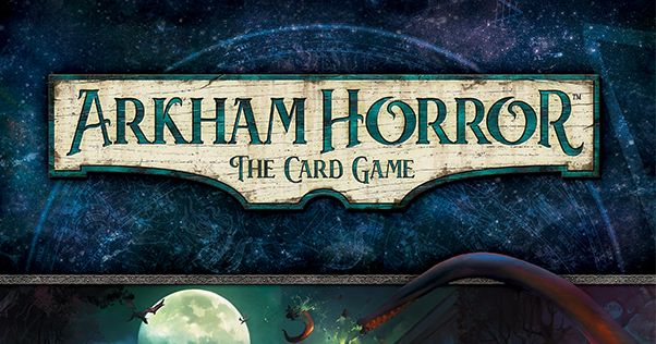 Box cover of Arkham Horror: The Card Game, a Lovecraftian noir illustration of an investigator in a trench coat before a shadowed New England street