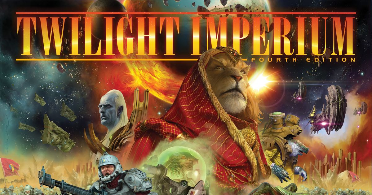 Box cover of Twilight Imperium Fourth Edition, showing a fleet of spaceships in battle above a cratered planet, with the game's logo in gold lettering