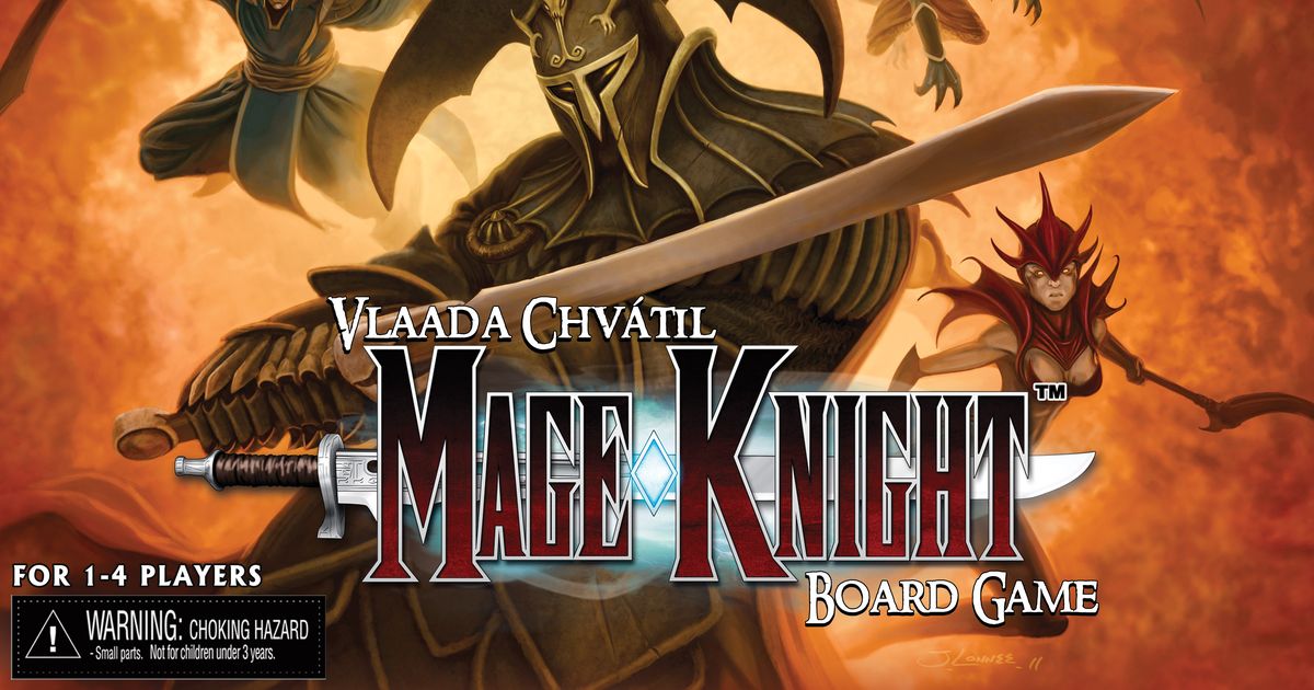 Box cover of the Mage Knight Board Game, showing an armored knight on horseback in a mystical forest landscape