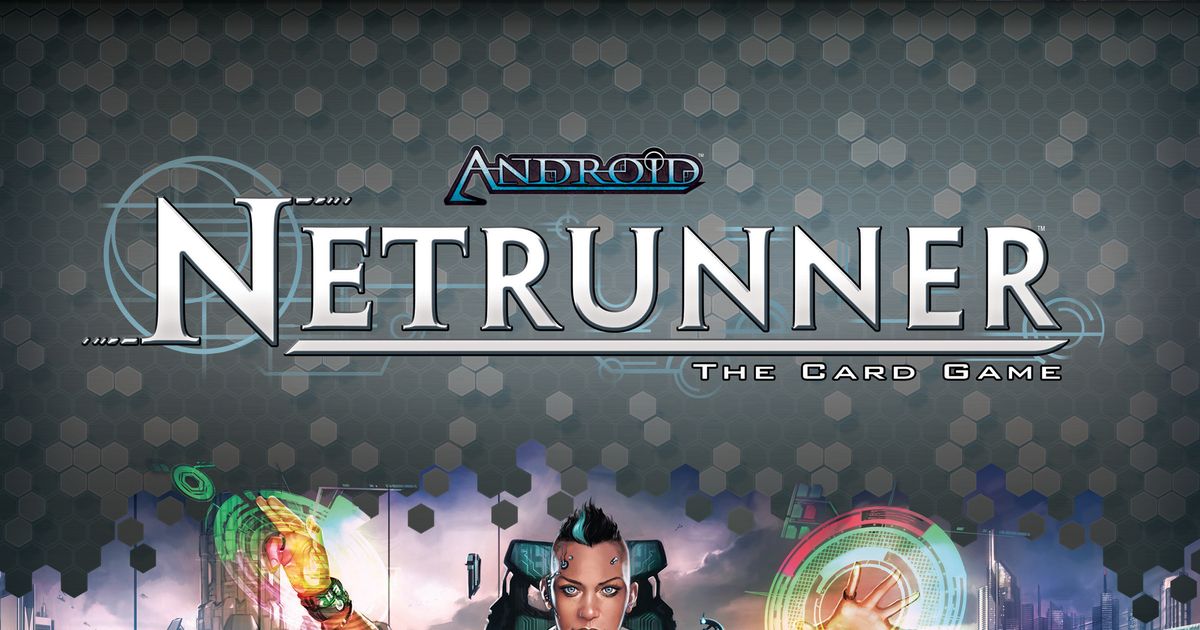 Box cover of Android: Netrunner, showing a cyberpunk hacker silhouette against a neon corporate skyline