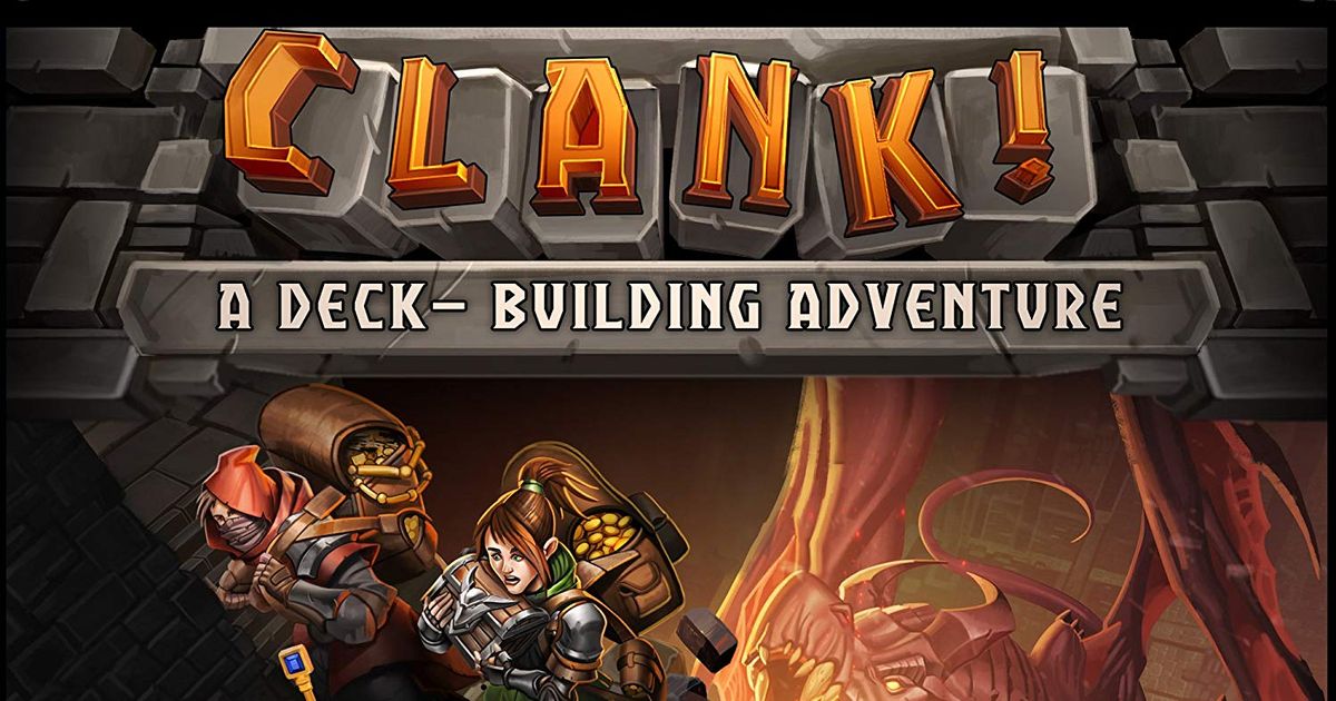 Box cover of Clank!, showing cartoon adventurers sneaking through a dragon's treasure-filled dungeon
