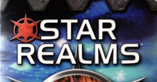 Box cover of Star Realms, a compact card game showing a battleship firing on an enemy fleet against a starfield