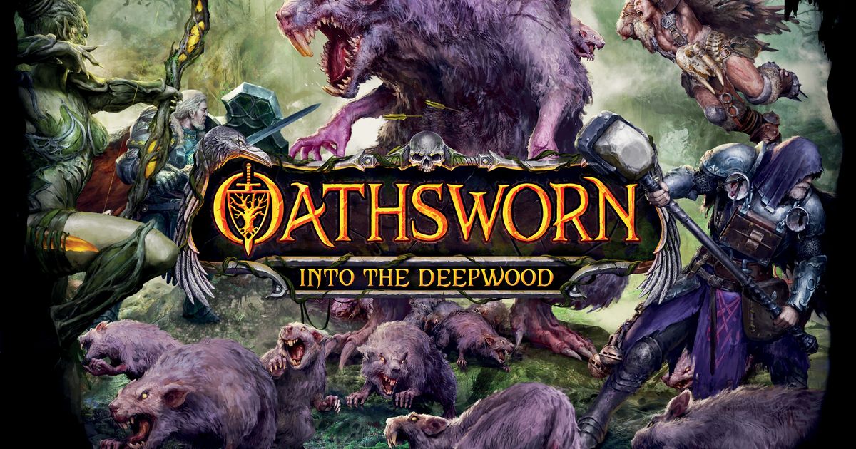 Box cover of Oathsworn: Into the Deepwood, illustrated with a hooded warrior and a monstrous beast in a dark forest